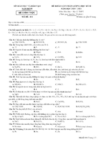 Đề khảo sát chất lượng học kì 2 Hóa học Lớp 12 - Mã đề: 404 - Năm học 2020-2021 - Sở GD&ĐT Nam Định (Có đáp án)