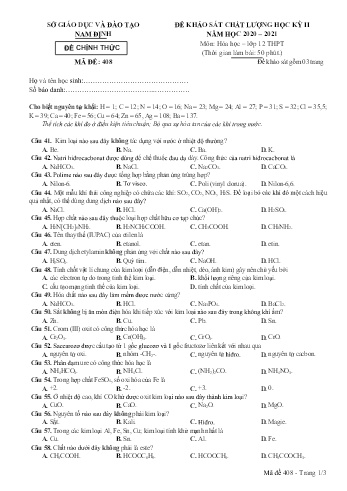 Đề khảo sát chất lượng học kì 2 Hóa học Lớp 12 - Mã đề: 408 - Năm học 2020-2021 - Sở GD&ĐT Nam Định (Có đáp án)