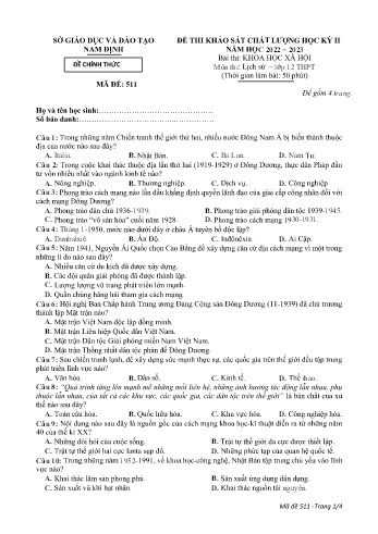 Đề khảo sát chất lượng học kì 2 Lịch sử Lớp 12 - Mã đề: 511 - Năm học 2022-2023 - Sở GD&ĐT Nam Định (Có đáp án)