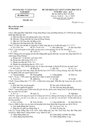 Đề khảo sát chất lượng học kì 2 Lịch sử Lớp 12 - Mã đề: 513 - Năm học 2022-2023 - Sở GD&ĐT Nam Định (Có đáp án)