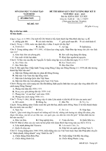 Đề khảo sát chất lượng học kì 2 Lịch sử Lớp 12 - Mã đề: 515 - Năm học 2022-2023 - Sở GD&ĐT Nam Định (Có đáp án)