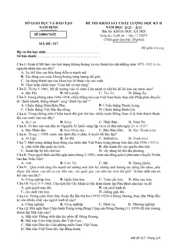 Đề khảo sát chất lượng học kì 2 Lịch sử Lớp 12 - Mã đề: 517 - Năm học 2022-2023 - Sở GD&ĐT Nam Định (Có đáp án)