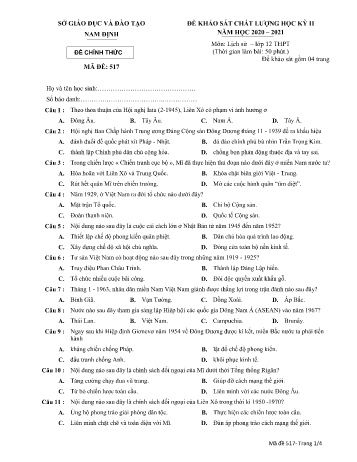 Đề khảo sát chất lượng học kì 2 Lịch sử Lớp 12 - Mã đề: 517 - Năm học 2020-2021 - Sở GD&ĐT Nam Định (Có đáp án)