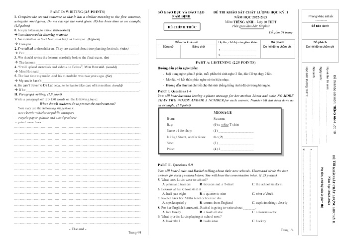 Đề khảo sát chất lượng học kì 2 Tiếng Anh Lớp 10 - Năm học 2022-2023 - Sở GD&ĐT Nam Định (Có file nghe và đáp án)