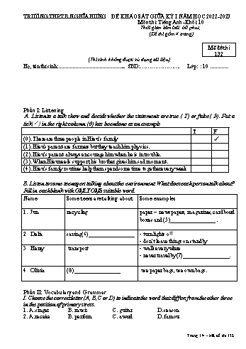 Đề khảo sát giữa kì 1 Tiếng Anh Lớp 10 - Mã đề: 132 - Năm học 2022-2023 - Trường THPT B Nghĩa Hưng (Có file nghe, ma trận và đáp án)