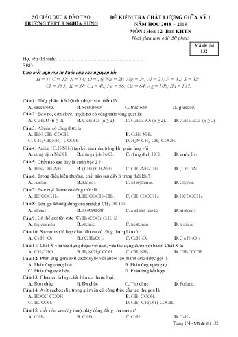 Đề kiểm tra chất lượng giữa học kì 1 Hóa học Lớp 12 - Mã đề: 132 - Năm học 2018-2019 - Trường THPT B Nghĩa Hưng