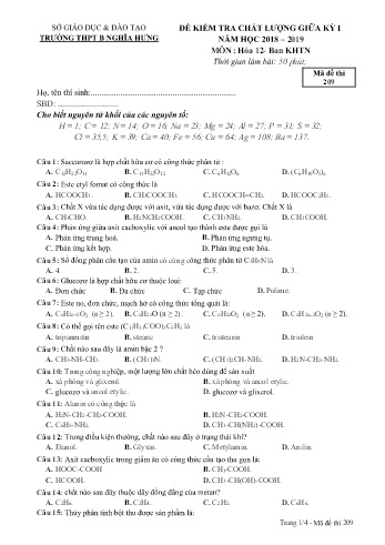 Đề kiểm tra chất lượng giữa học kì 1 Hóa học Lớp 12 - Mã đề: 209 - Năm học 2018-2019 - Trường THPT B Nghĩa Hưng