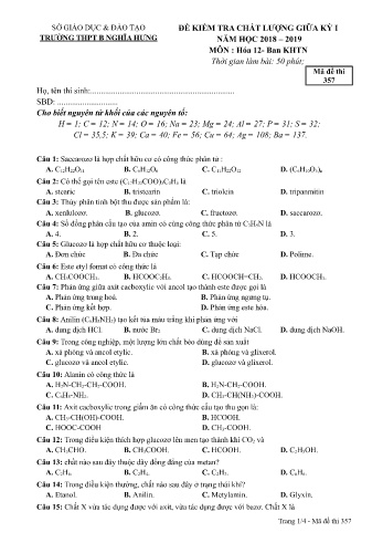 Đề kiểm tra chất lượng giữa học kì 1 Hóa học Lớp 12 - Mã đề: 357 - Năm học 2018-2019 - Trường THPT B Nghĩa Hưng