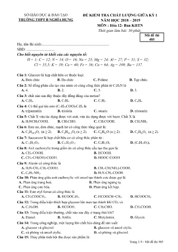 Đề kiểm tra chất lượng giữa học kì 1 Hóa học Lớp 12 - Mã đề: 485 - Năm học 2018-2019 - Trường THPT B Nghĩa Hưng