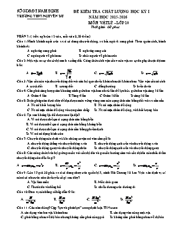 Đề kiểm tra chất lượng học kì 1 Vật lí Lớp 10 - Trường THPT Nguyễn Du (Có đáp án)