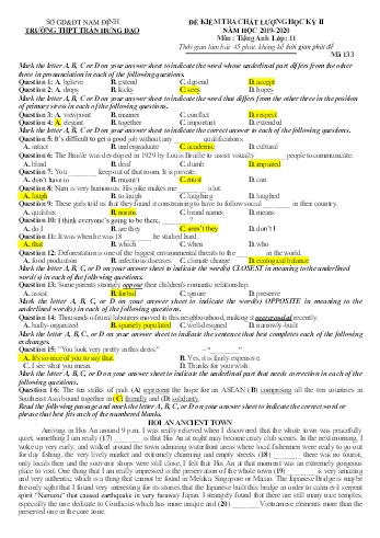 Đề kiểm tra chất lượng học kì 2 Tiếng Anh Lớp 11 - Năm học 2019-2020 - Trường THPT Trần Hưng Đạo (Có đáp án)