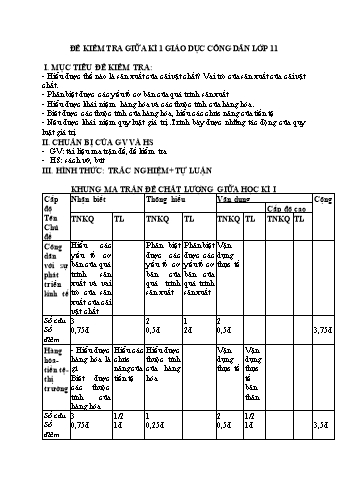 Đề kiểm tra giữa kì 1 Giáo dục công dân Lớp 11 - Trường THPT Đoàn Kết (Có ma trận và đáp án)