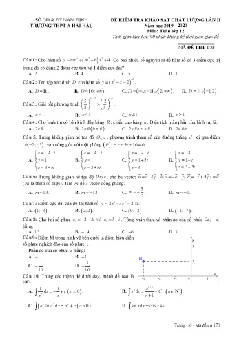 Đề kiểm tra khảo sát chất lượng Toán Lớp 12 (Lần 2) - Mã đề: 170 - Năm học 2019-2020 - Trường THPT A Hải Hậu