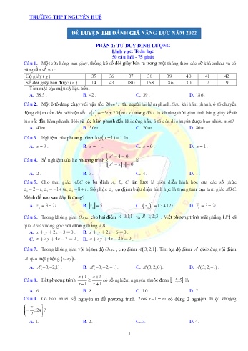 Đề luyện thi Đánh giá năng lực - Năm học 2022 - Trường THPT Nguyễn Huệ