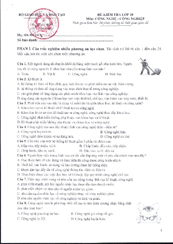 Đề minh họa kiểm tra Công nghệ Công nghiệp Lớp 10 (Có đáp án)