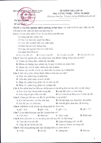 Đề minh họa kiểm tra Công nghệ Nông nghiệp Lớp 10 (Có đáp án)