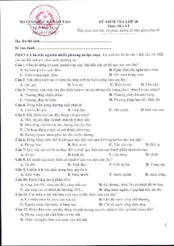 Đề minh họa kiểm tra Địa lí Lớp 10 (Có đáp án)
