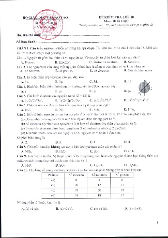 Đề minh họa kiểm tra Hóa học Lớp 10 (Có đáp án)