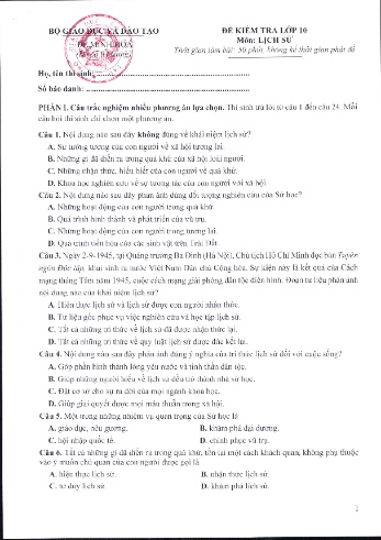 Đề minh họa kiểm tra Lịch sử Lớp 10 (Có đáp án)