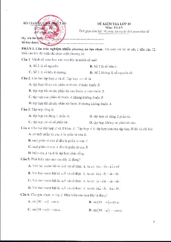 Đề minh họa kiểm tra Toán Lớp 10 (Có đáp án)