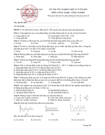 Đề tham khảo kỳ thi Tốt nghiệp THPT môn Công nghệ Công nghiệp - Năm học 2025 (Có đáp án)