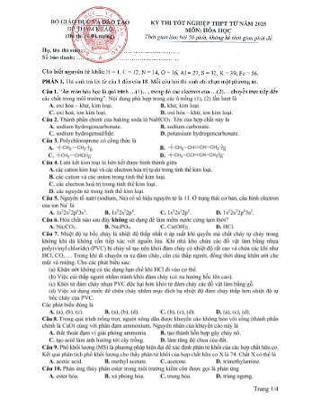 Đề tham khảo kỳ thi Tốt nghiệp THPT môn Hóa học - Năm học 2025 (Có đáp án)
