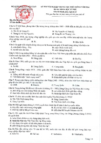 Đề tham khảo kỳ thi Tốt nghiệp THPT môn Khoa học xã hội - Phần: Lịch sử - Năm học 2024