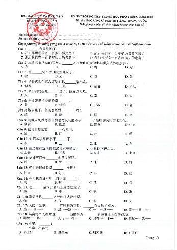 Đề tham khảo kỳ thi Tốt nghiệp THPT môn Ngoại ngữ - Phần: Tiếng Trung - Năm học 2024