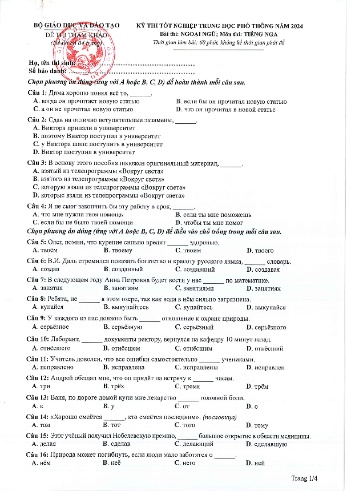 Đề tham khảo kỳ thi Tốt nghiệp THPT môn Ngoại ngữ - Phần: Tiếng Nga - Năm học 2024
