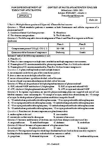 Đề thi bằng Tiếng Anh môn Sinh học Lớp 11 - Mã đề: 331 - Năm học 2020-2021 - Sở GD&ĐT Nam Định (Có đáp án) Đề thi bằng Tiếng Anh môn Sinh học Lớp 11 - Mã đề: 331 - Năm học 2020-2021 - Sở GD&ĐT Nam Định (Có đáp án)