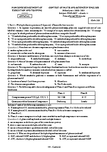 Đề thi bằng Tiếng Anh môn Sinh học Lớp 11 - Mã đề: 333 - Năm học 2020-2021 - Sở GD&ĐT Nam Định (Có đáp án) Đề thi bằng Tiếng Anh môn Sinh học Lớp 11 - Mã đề: 333 - Năm học 2020-2021 - Sở GD&ĐT Nam Định (Có đáp án)