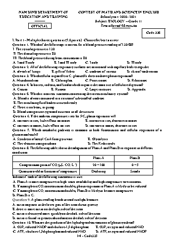 Đề thi bằng Tiếng Anh môn Sinh học Lớp 11 - Mã đề: 335 - Năm học 2020-2021 - Sở GD&ĐT Nam Định (Có đáp án) Đề thi bằng Tiếng Anh môn Sinh học Lớp 11 - Mã đề: 335 - Năm học 2020-2021 - Sở GD&ĐT Nam Định (Có đáp án)