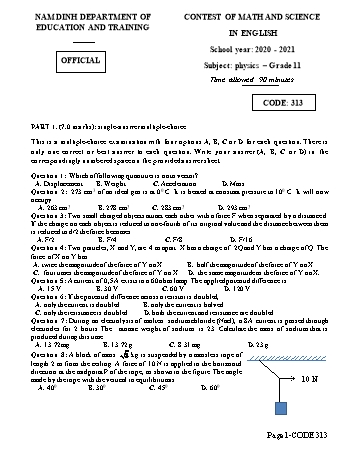 Đề thi bằng Tiếng Anh môn Vật lí Lớp 11 - Mã đề: 313 - Năm học 2020-2021 - Sở GD&ĐT Nam Định (Có đáp án)