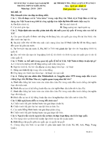 Đề thi chất lượng giữa học kì 1 Lịch sử Lớp 12 - Mã đề: 03 - Năm học 2018-2019 - Trường THPT B Nghĩa Hưng