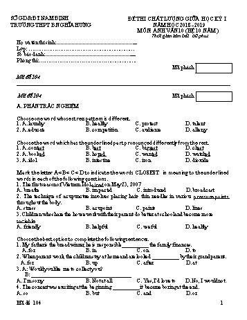 Đề thi chất lượng giữa học kì 1 Tiếng Anh Lớp 10 (Hệ 10 năm) - Mã đề: 104 - Năm học 2018-2019 - Trường THPT B Nghĩa Hưng