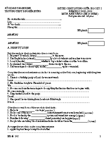 Đề thi chất lượng giữa học kì 1 Tiếng Anh Lớp 10 (Hệ 10 năm) - Mã đề: 102 - Năm học 2018-2019 - Trường THPT B Nghĩa Hưng