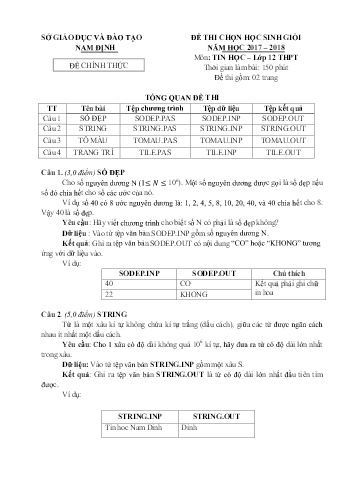 Đề thi chọn học sinh giỏi Tin học Lớp 12 - Năm học 2017-2018 - Sở GD&Đt Nam Định