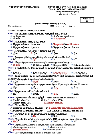 Đề thi giữa học kì 1 Hóa học Lớp 10 - Mã đề: 01 - Năm học 2018-2019 - Trường THPT B Nghĩa Hưng (Có đáp án)
