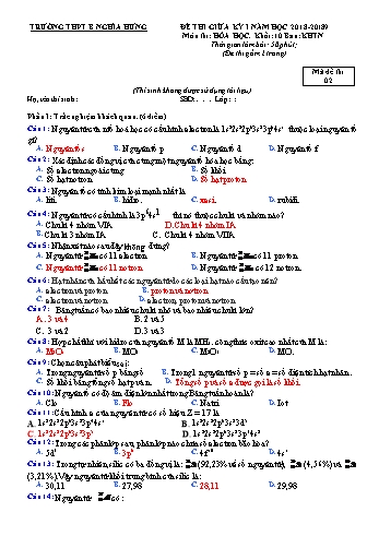 Đề thi giữa học kì 1 Hóa học Lớp 10 - Mã đề: 02 - Năm học 2018-2019 - Trường THPT B Nghĩa Hưng (Có đáp án)