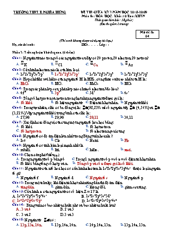 Đề thi giữa học kì 1 Hóa học Lớp 10 - Mã đề: 04 - Năm học 2018-2019 - Trường THPT B Nghĩa Hưng (Có đáp án)