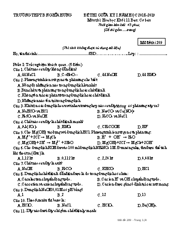 Đề thi giữa học kì 1 Hóa học Lớp 11 - Mã đề: 209 - Năm học 2018-2019 - Trường THPT B Nghĩa Hưng (Có ma trận và đáp án)