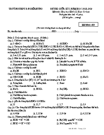 Đề thi giữa học kì 1 Hóa học Lớp 11 - Mã đề: 485 - Năm học 2018-2019 - Trường THPT B Nghĩa Hưng (Có ma trận và đáp án)