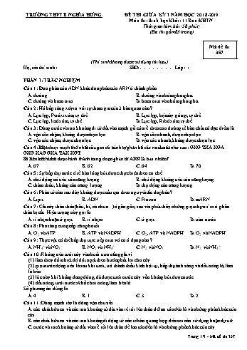 Đề thi giữa học kì 1 Sinh học Lớp 11 - Mã đề: 357 - Năm học 2018-2019 - Trường THPT B Nghĩa Hưng (Có đáp án)