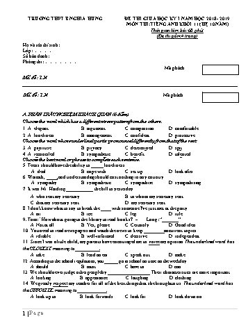Đề thi giữa học kì 1 Tiếng Anh Lớp 11 (Hệ 10 năm) - Mã đề: 124 - Năm học 2018-2019 - Trường THPT B Nghĩa Hưng