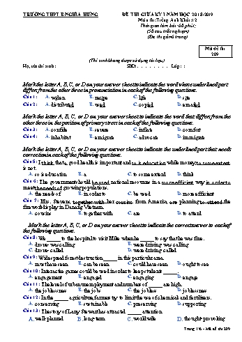 Đề thi giữa học kì 1 Tiếng Anh Lớp 12 - Mã đề: 209 - Năm học 2018-2019 - Trường THPT B Nghĩa Hưng (Có ma trận)