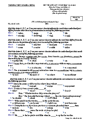 Đề thi giữa học kì 1 Tiếng Anh Lớp 12 - Mã đề: 485 - Năm học 2018-2019 - Trường THPT B Nghĩa Hưng (Có ma trận)