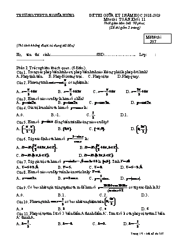 Đề thi giữa học kì 1 Toán Lớp 11 - Mã đề: 357 - Năm học 2018-2019 - Trường THPT B Nghĩa Hưng (Có ma trận và đáp án)
