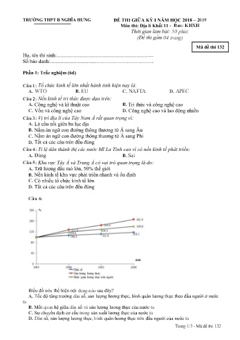 Đề thi giữa kì 1 Địa lí Lớp 11 - Mã đề: 132 - Năm học 2018-2019 - Trường THPT B Nghĩa Hưng