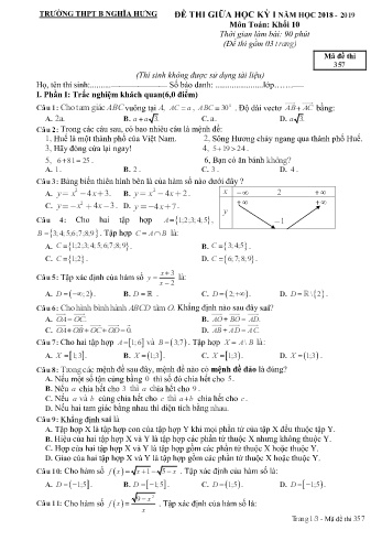Đề thi giữa kì 1 Toán Lớp 10 - Mã đề: 357 - Năm học 2018-2019 - Trường THPT B Nghĩa Hưng (Có đáp án)