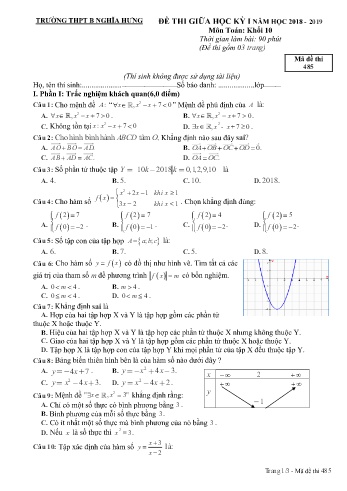 Đề thi giữa kì 1 Toán Lớp 10 - Mã đề: 485 - Năm học 2018-2019 - Trường THPT B Nghĩa Hưng (Có đáp án)